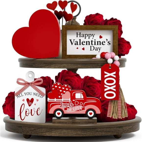 Other - Valentine's Day Tiered Tray Decor Set 5 Pcs Heart Wooden Signs XOXO Bead